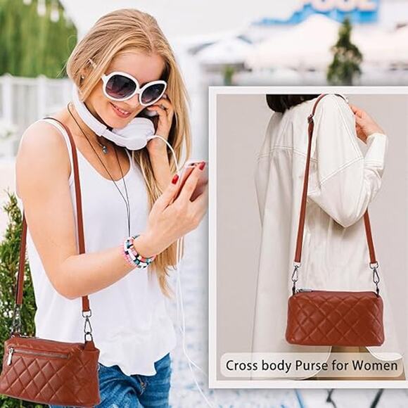 NEW Rust Quilted Crossbody Bag Triple Zipper Vegan Leather Shoulder Purse - Picture 6 of 6